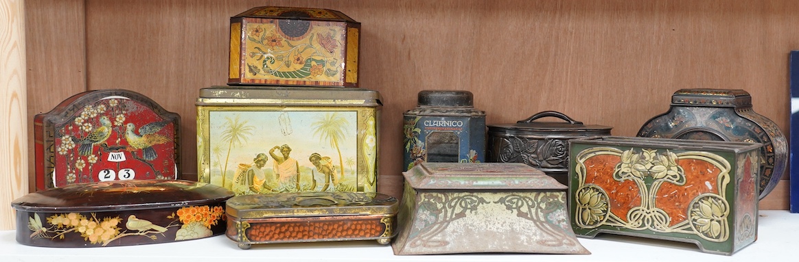 An early 20th century Bassett & Co. Ltd. novelty perpetual calendar confectionery tin, 16cm high, together with nine further assorted biscuit and confectionery tins. Condition - poor-fair